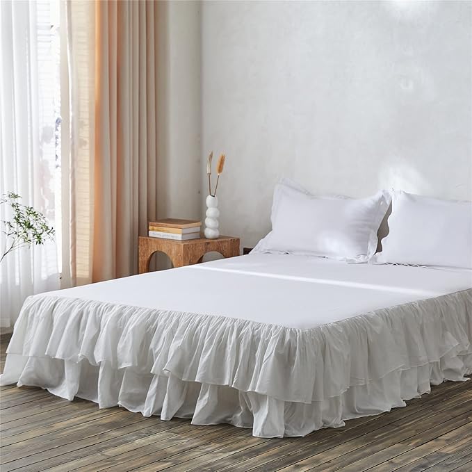 BISELINA White Ruffled Bed Skirt 18-Inch Tailored Drop Cotton Voile Dust Ruffle Soft Cozy Elegant Luxurious Bedding (18" King, White)
