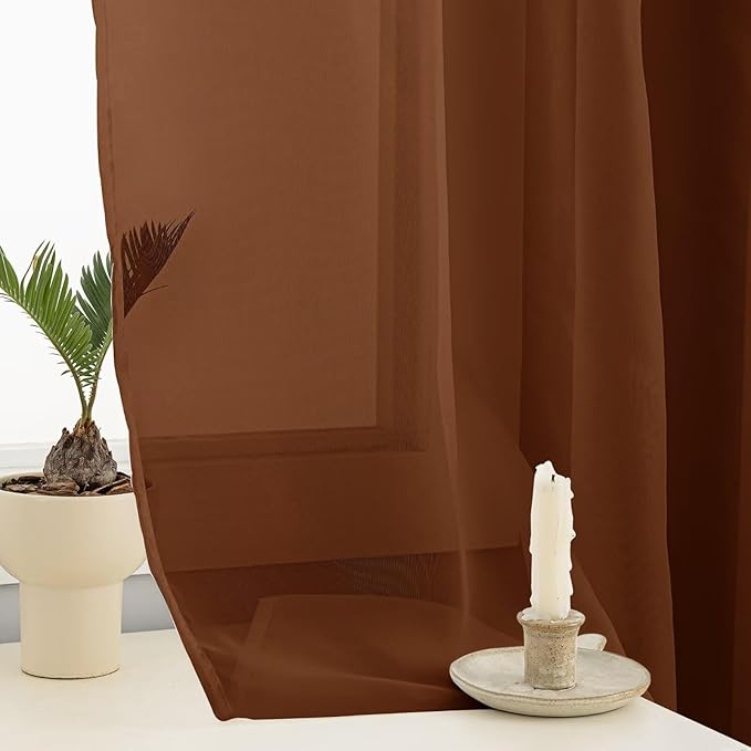 Sheer Curtains 54 Inches Long 2 Panels, Rod Pocket Short Curtain for Kitchen, Bedroom, Cafe Window(Brown 38" W x 54" L)