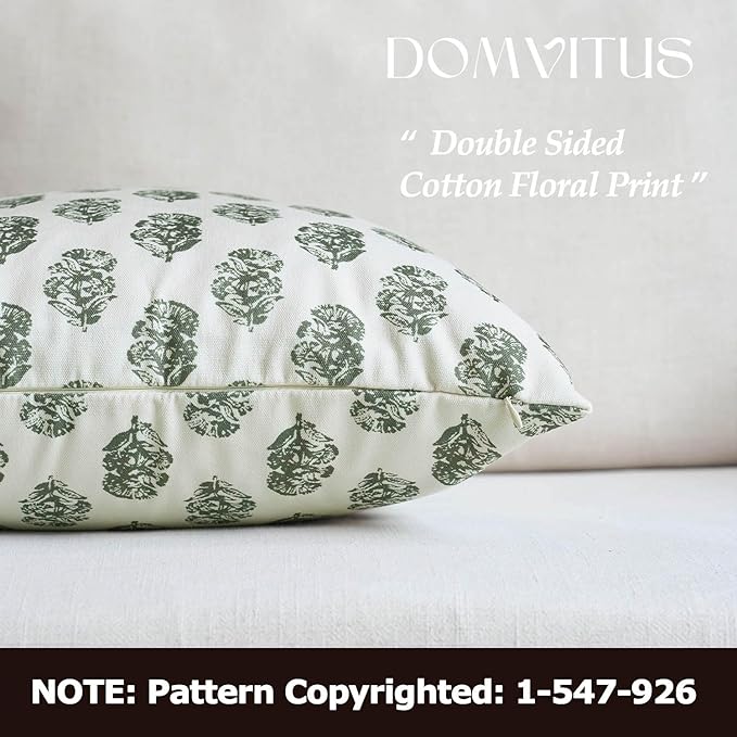 DOMVITUS Set of 2 Floral Pillow Covers 24x24, Block Print Pillow Covers Vintage Neutral Decorative Farmhouse Throw Pillow Covers for Couch Bed Living Room Dusty Green