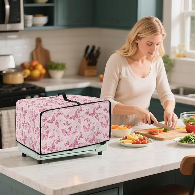 Pink Butterfly Print Microwave Oven Dust Cover Polyester-Linen Fabric Dust Cover for Microwave Oven Universal Dust-Proof Kitchen Appliance Protector Fits Most Microwaves, S