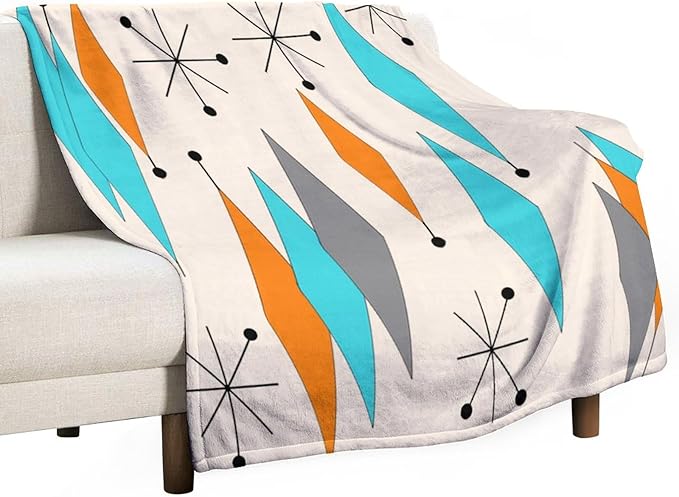 Mid Century Flannel Throw Blankets, Mid Century Modern Geometric Atomic Shapes Orange Retro Style Boho Print Blanket for Bed Couch Sofa Fuzzy Tv Throws 40"x50"