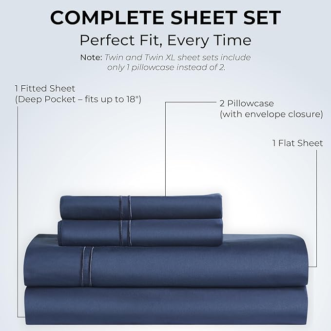 100% Natural Cotton Bed Sheets | 500 TC Single-Ply Sateen Weave King Size Sheets Set | Breathable & Hypoallergenic Solid 4-Piece Bedding with Deep Pocket Fitted, Flat, Pillowcase|Navy Blue