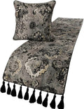 The HomeCentric Handmade Black & Grey Twin 53 x 18 inch Bed Runner with Matching Pillow Cover, Velvet Damask with Tassels Bed Scarf, Abstract Modern - Paved Damask