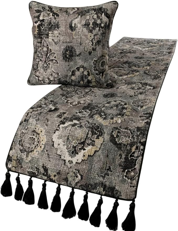 The HomeCentric Decorative Black & Grey Twin 53 x 18 inch Bed Runner Without Pillow Cover, Velvet Damask with Tassels Bed Scarf, Abstract Modern - Paved Damask