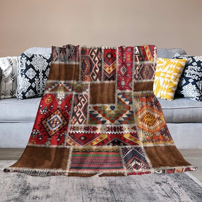Southwest Aztec Throw Blanket, Native Bohemian Retro Patchwork Traditional Geometric Soft Flannel Blanket Warm Blankets for All Seasons, Bed Couch Sofa 40"x50"