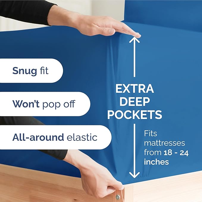 Extra Deep Pocket Twin XL Sheets - 3 Piece Breathable & Cooling Bed Sheets - Hotel Luxury Bed Sheet Set - Soft, Wrinkle Free & Comfy - Easily Fits Extra Deep Mattresses - Deep Pocket Royal Blue Sheets