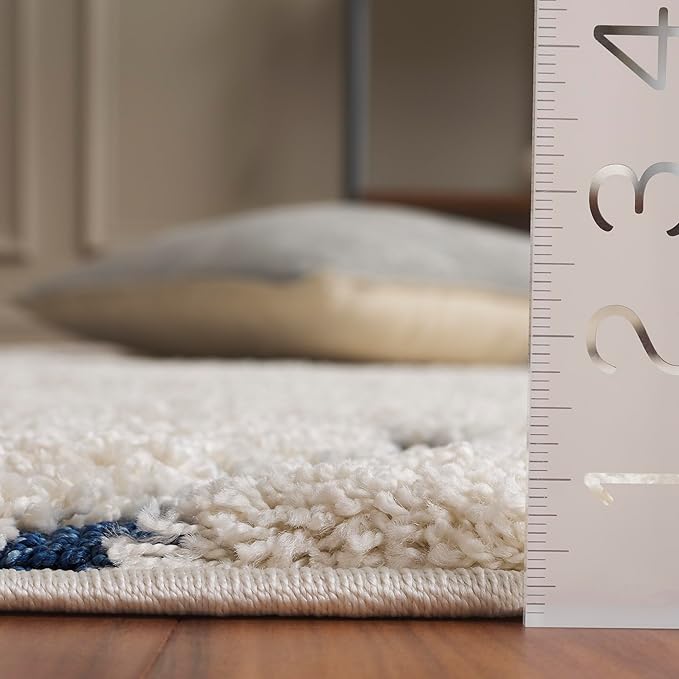 SAFAVIEH Florida Shag Collection 11' Round Cream/Blue SG471 Abstract Wave Non-Shedding Living Room Bedroom Dining Room Entryway Plush 1.2-inch Thick Area Rug