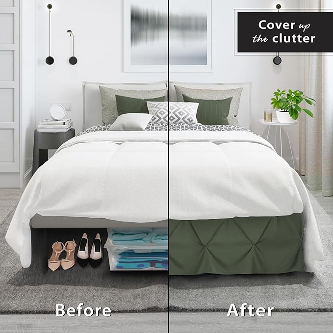 Nestl Olive Green Bed Skirt Queen Size, Pinch Pleat Queen Bed Skirt, 14" Inch Drop Queen Bedskirt, Hotel Quality Olive Green Bed Skirts, Microfiber Bedskirt for Queen Bed, Olive Green Queen Bed Skirt