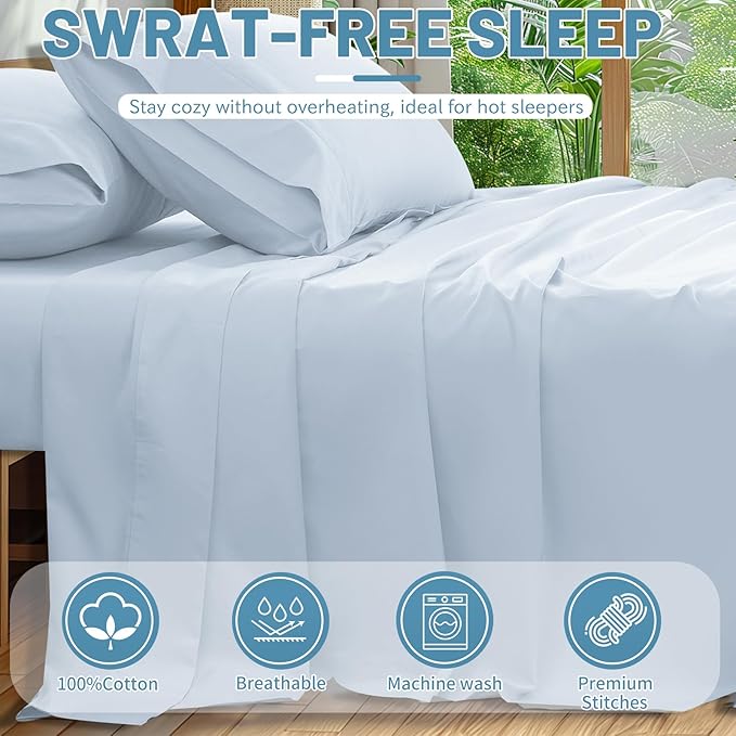 Extra Deep Pocket King Sheets 18-24 Inch 100% Egyptian Cotton 1000 Thread Count Sateen Weave Soft Breathable 4 Pieces（King，Light Blue）