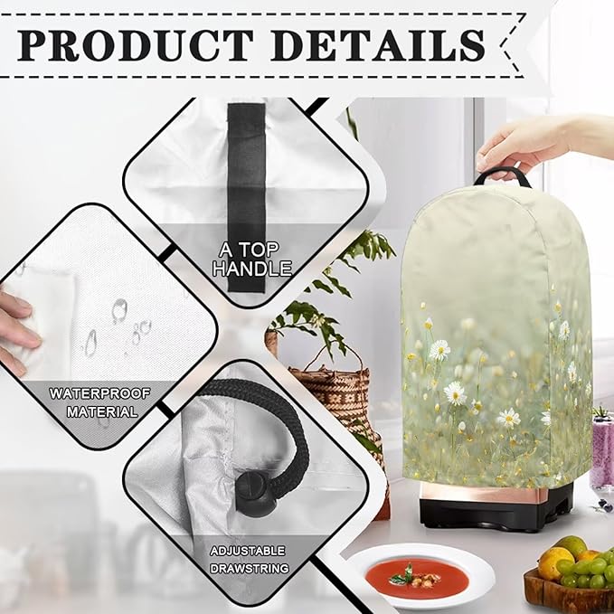 Daisy Floral Green Blender Cover with Drawstring Kitchen Appliance Cover Anti Fingerprint Dust Proof Stain Resistant Coffee Maker Food Processor Stand Mixer Cover for Home Decor