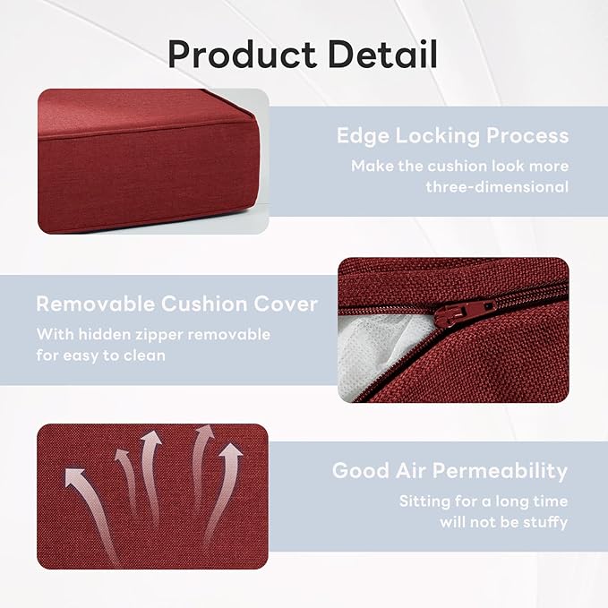 6" Thicker Outdoor Chair Cushion 10 Sets - 24" *24" *6" Waterproof Patio Furniture Cushions with Removable Cover, 28D High Density Sponge Filling Thicken Outdoor Patio Cushions - Red