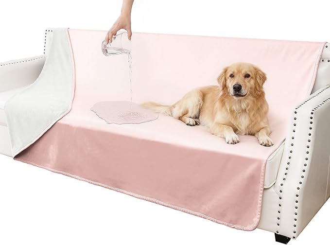 Waterproof Blanket for Couch, Leak Proof Dog Bed Blankets Reversible, Pet Throw Sofa Furniture Protector Machine Washable-68 x82,Pink+Cream
