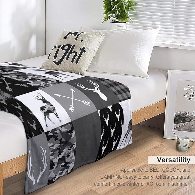 Rustic Cabin Throw Blanket, Farmhouse Grey Camouflage Deer Vintage Country Hunting Wildlife Blanket Throw for Bed Camping Travel Living Room Bedroom, 50"x60"