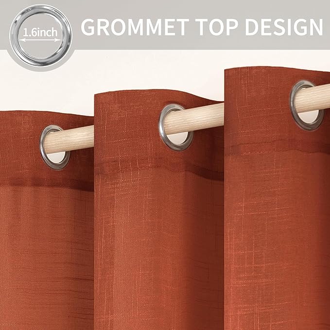 MIULEE Burnt Orange 2 Panels 84 Inch Long Farmhouse Linen Sheer Window Curtains Elegant Terracotta Rust Fall Autumn Drapes Grommet Top Linen Textured Voile for Bedroom Living Room (52 X 108 Inch)