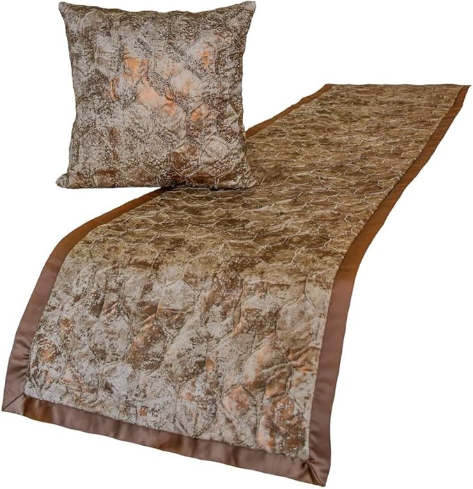 The HomeCentric King/Queen/Twin Copper Designer King 90"x18" Bed Runner with 2 Pillow Cover, Beaded & Foil Bed Scarf on Silk Fabric - Aranka