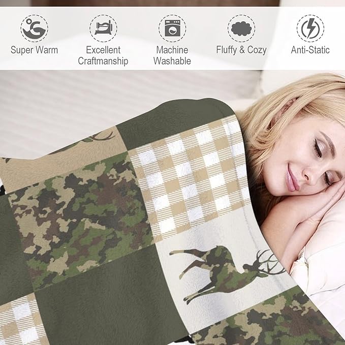 Camouflage Deer Blanket, Vintage Camo Green Beige Plaid Rustic Cabin Wildlife Hunting Blankets for Mens Room Bed Sofa, 60"x80"