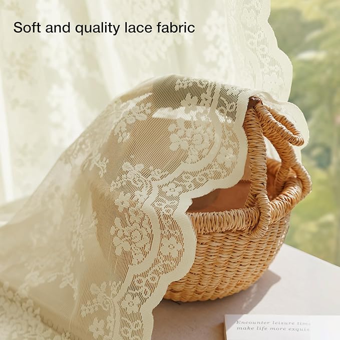 Anmao Vintage Lace Curtains 72 Inches Long 2 Panels Set, Romantic Elegant Light Filtering Semi Sheer Floral Thick Lacy Curtain Drapes for Living Room and Bedroom, Each Panel 55W x 72L, Cream Yellow
