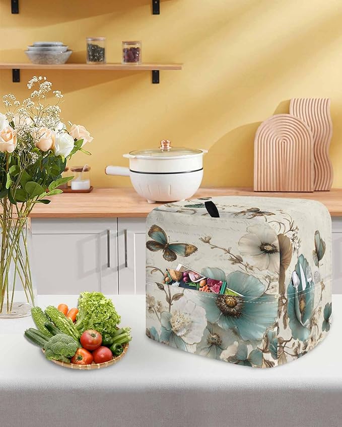 Spring Flowers Stand Mixer Dust Cover with Storage Pocket & Handles, Fits All Tilt Head & Bowl Lift Botanical Butterfly Kitchen Appliance Cover Organizer Vintage Farmhouse Bag Accessories, 6-8 Quart