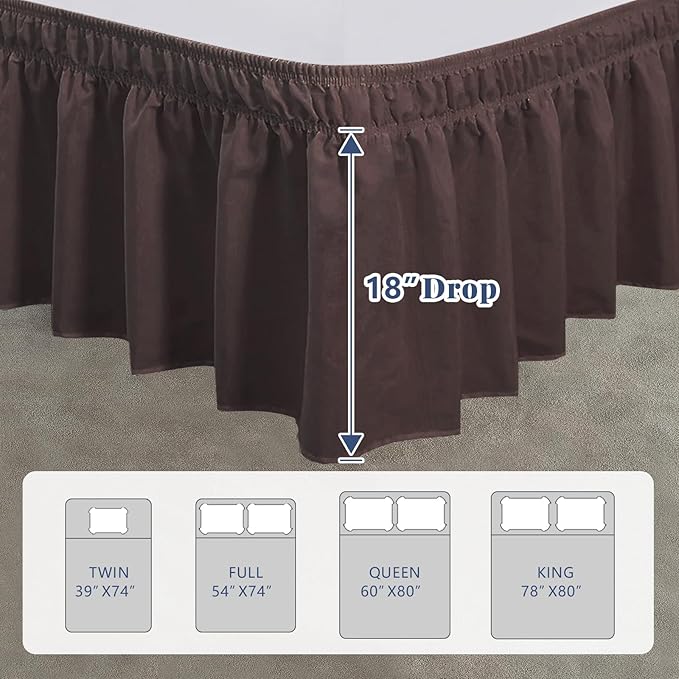 Queen Bed Skirt, Elastic Wrap Around Bed Skirt Queen Size, Bed Skirts for Adjustable Bed, Easy Fit with 18" Drop Length Tailored Drop Dust Ruffle (Brwon)