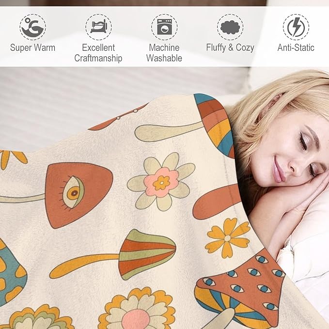 70s Mushroom Throw Blanket, Retro 60s Groovy Mushroom Boho Hippie Flowers Print Blanket for Kids Baby Bedroom Sofa Holiday Decor 50"x60"