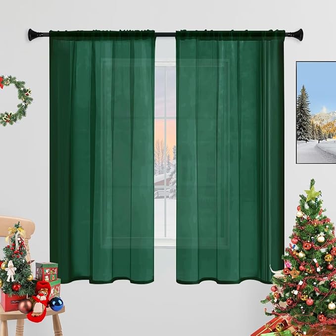 Sheer Curtains 84 Inches Long 2 Panels, Rod Pocket Short Curtain for Kitchen, Bedroom, Cafe Window(Foliage Green 38" W x 84" L)