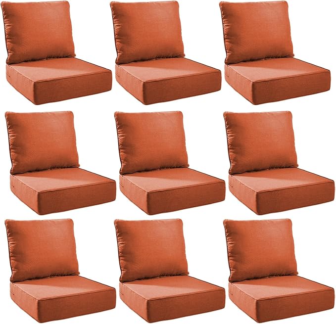 Outdoor Cushion Set for Furniture Patio Furniture, UV Resistant, Water Resistant - 6 Inch Thick Foam Garden Cushions– 24x24 Inch Patio Seat Covers for Chair/Sofa/Couch | Orange | 9-Pack |