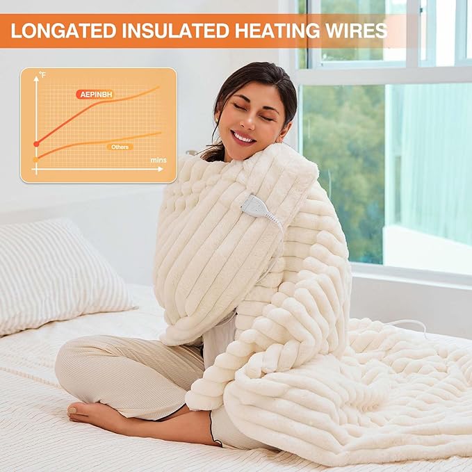 Heated Blanket 84"X90",Fast Heating Blanket with 6 Heat Levels 10 Hours Auto-Off Overheat Protection,Stripe Faux Rabbit Fur Soft Warm Electric Blanket, ETL Certified,Cream