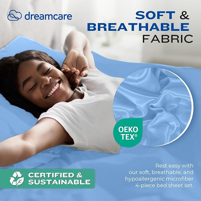 DREAMCARE King Size Sheets Set – 4 pcs Cooling Sheets – up to 21” Deep Pocket King Sheet Set – Hotel Luxury Sheets & Pillowcases – Superior Softness 100% Fine Microfiber with Side Pocket – Light Blue