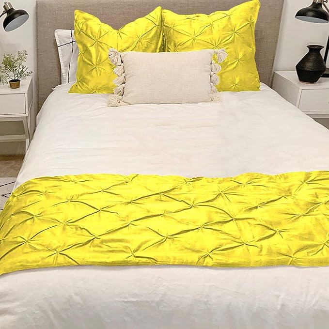 Bed Runner Set - 100% Pure Cotton 800 Thread Count - Luxury 1 Pinch Pleated Bed Runner and 2 Pillow Cover - 3 Piece Pinch Pleated Bed Runner Set California King, Yellow