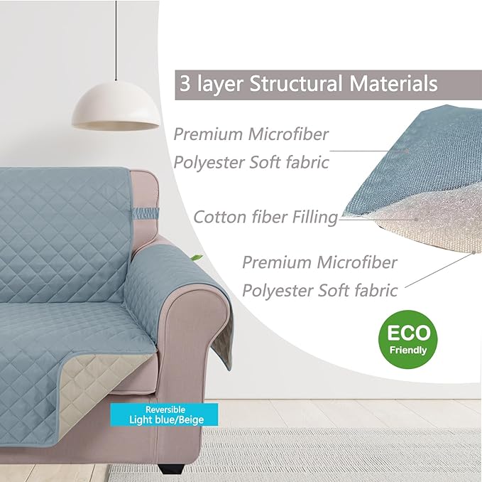 U-NICE HOME 4 Seater Sofa Cover 91 Inch Large Couch Covers for 4 Cushion Couch with Elastic Straps Water Resistant Furniture Protector Cover for Pets Cat (Sofa XX-Large, Light Blue/Beige)