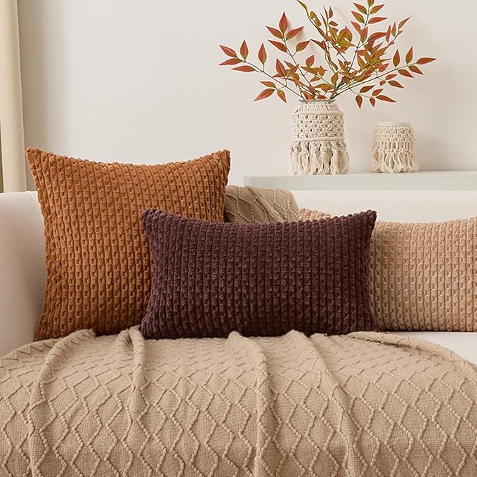 Kevin Textile 14x24 Inch Pillow Cover 1 Pack Boho Decorative Soft Striped Corduroy Lumbar Farmhouse Accent Rectangle Cushion Case for Living Room Couch Sofa Bed, Coffee