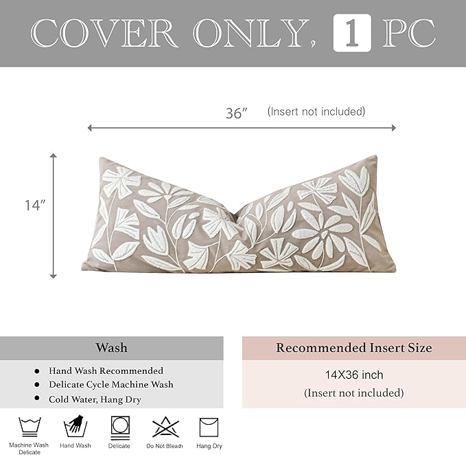 BlissBlush Taupe Velvet Decorative Lumbar Pillow Cover 14x36, Neutral Brown Soft Long Body Pillow for Bed, Accent Lumbar Throw Pillow for Bedroom, Modern Farmhouse Textured Pillowcase