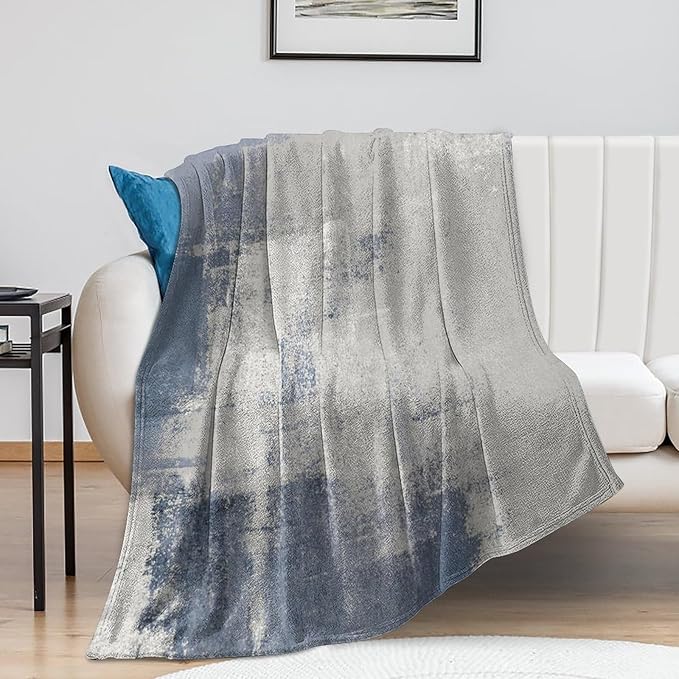 Abstract Gradient Blanket, Modern Fashion Art Blue Grey Painting Strokes Pattern Soft Warm Cozy Plush Flannel Covers for Livingroom Bedroom Couch Chair Camping Travel Home Decor Tapestry 60x80in