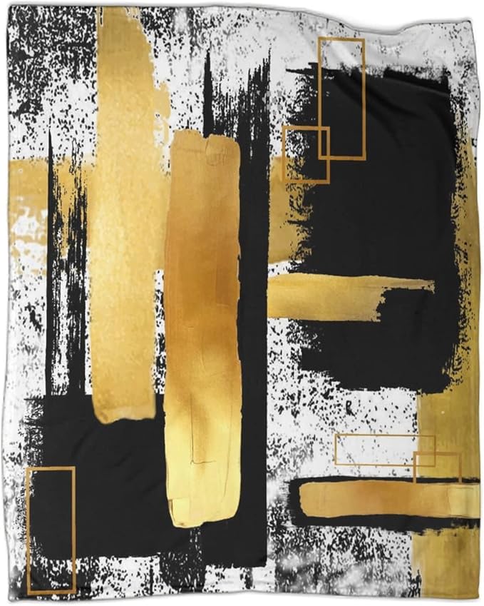Modern Abstract Geometric Fleece Blanket,Black White Gold Oil Painting Art Throw Blanket for Bed Couch Chair Living Room 50x60inch(127x152cm)