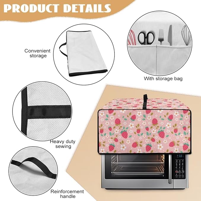 Pink Strawberry Cherry Blossom Print Microwave Oven Dust Cover Toaster Oven Cover Foldable Polyester-Linen Fabric Small Appliance Dust Covers Suitable for Most Microwave Ovens, S