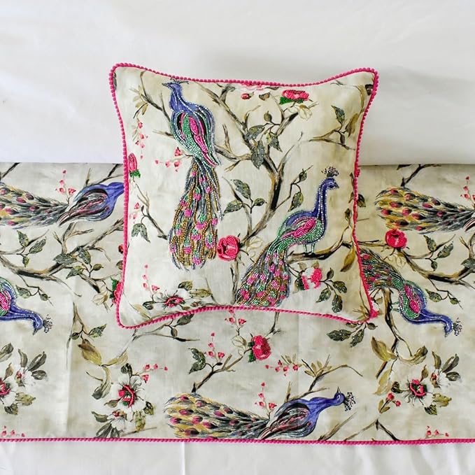 The HomeCentric King/Queen/Twin Pink & Purple Luxury Full 68"x18" Bed Runner Without Pillow Cover, Peacock, Beaded, Pom Pom Lace Bed Scarf on Cotton Fabric - Pavo Paradiso