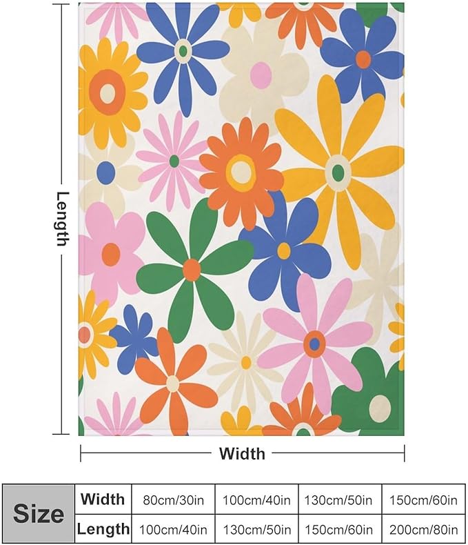 70s Retro Flower Throw Blanket, 60s Vintage Groovy Daisy Flowers Boho Hippie Bright Colorful Floral Print Blanket for Couch Chair Sofa Bed Dorm Bedroom Home 60"x80"