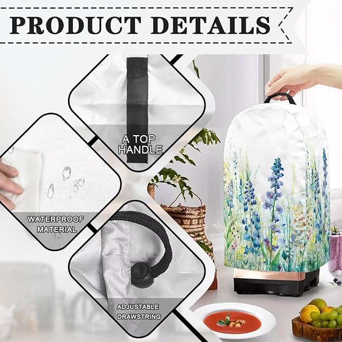 Blue Lavender Floral Kitchen Blender Cover Food Processor Dust Cover with Drawstring and Top Handle, Dust Protection Easy to Clean Small Appliance Coffee Maker Cover Juicer Cover