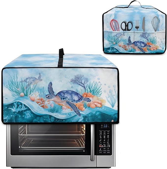 Microwave Oven Dust Cover Air Fryer Toaster Oven Protector with Storage Pockets, Stain-resistant for Small Appliances, M, 16.5 x 20.5 x 10 Inches, Sea Turtle Coral Reef Blue
