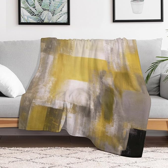 Abstract Gradient Blanket, Modern Fashion Art Yellow Grey Painting Strokes Pattern Soft Warm Cozy Plush Flannel Covers for Livingroom Bedroom Couch Chair Camping Travel Home Decor Tapestry 50x60in