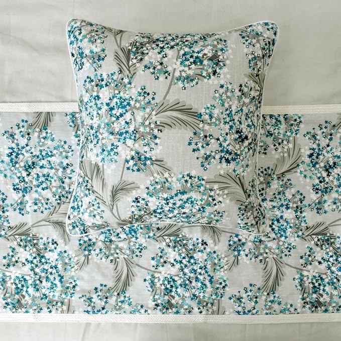 The HomeCentric King/Queen/Twin Blue Decorative Queen 74"x18" Bed Runner with One Pillow Cover, Cotton & Pearl Embroidery Bed Scarf on Cotton Fabric - Blue Star Fauna