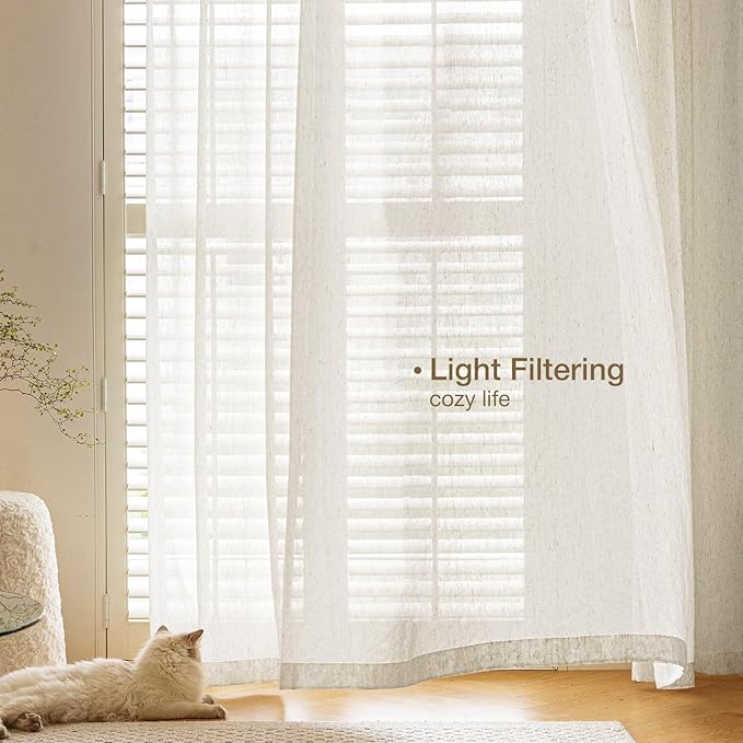 Anmao Flax Linen Curtains for Living Room 54 Inch Length 2 Panels Set, Light Filtering Sheer Window Curtain Drapes for Bedroom with Nickel Grommet, 52 Inch Wide Each Panel, Ivory Color