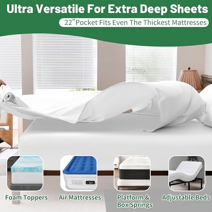 Extra Deep Pocket King Sheets 18-24 Inch 100% Egyptian Cotton 1000 Thread Count Sateen Weave Soft Breathable 4 Pieces（King，White）