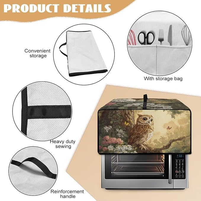Owl Floral Tree Butterfly Print Microwave Oven Dust Cover Heavy Duty Microwave Oven Cover with Storage Pockets Foldable Dust-Proof Decor Accessories for Kitchen, L