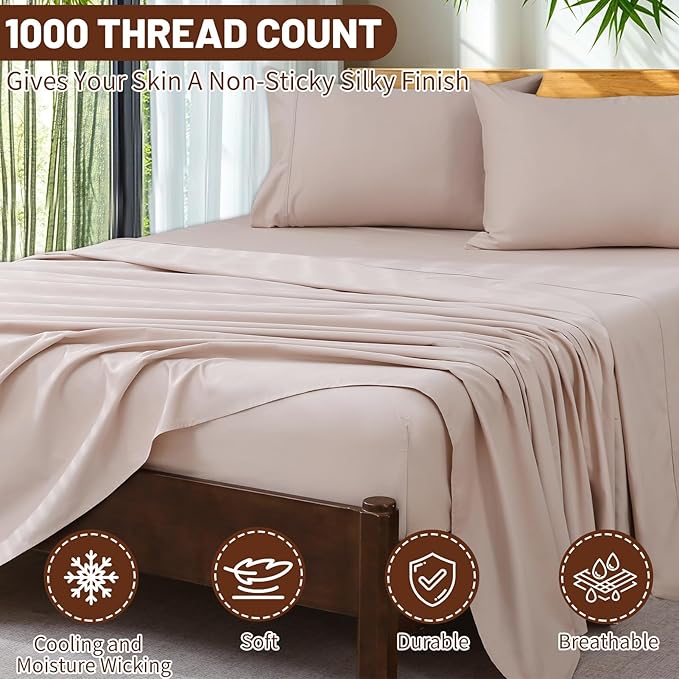 Extra Deep Pocket Queen Sheets 18-24 Inch 100% Egyptian Cotton 1000 Thread Count Sateen Weave Soft Breathable 4 Pieces（Queen,Dusty Pink）