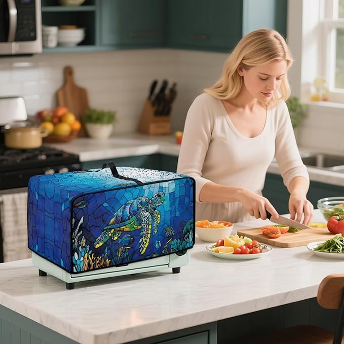 Glass Painting Sea Turtle Print Microwave Oven Cover Dustproof Toaster Oven Cover Large Size Foldable Kitchen Appliance Protector with Storage Bag Machine Washable, S