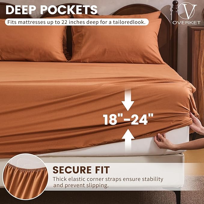 100% Linen Sheet Set Cal King Size Extra Deep Pocket Fits 18-24 Inch Mattress, Breathable & Soft, Smooth 4-Piece Set for Thick Mattresses Hotel Luxury Bedding（Cal King, Brown）