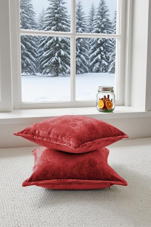Luxurious Velvet Euro Shams Decorative Throw Pillow Covers 26x26 Set of 2 Solid Square Euro Pillow Shams for Sofa Couch Bedroom, Red