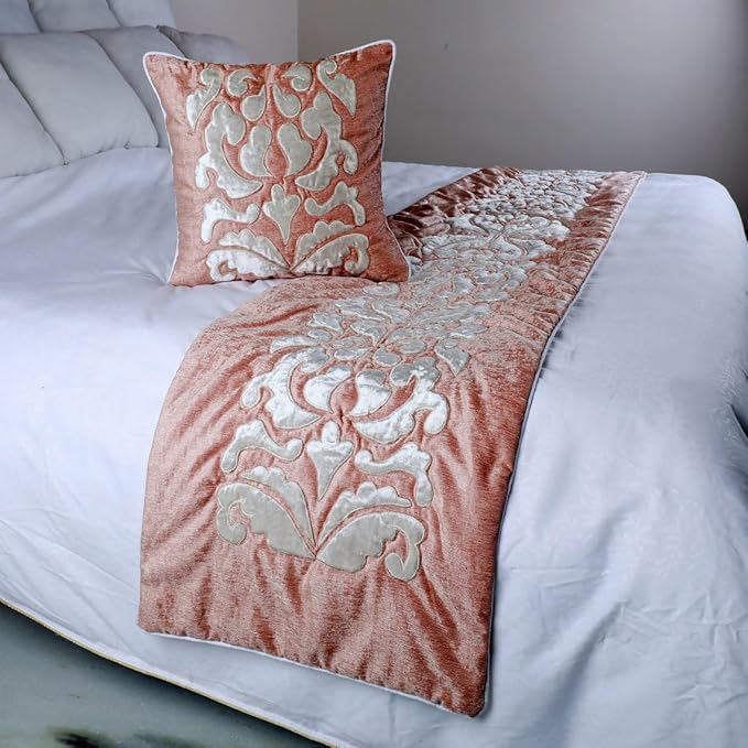 The HomeCentric Decorative Peach & Ivory Twin 53 x 18 inch Bed Runner with 2 Pillow Cover Set, Velvet Applique Bed Scarf, Abstract Modern - Peach Elegance
