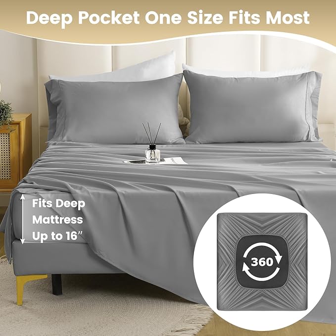 Full Sheet Set - 4 Piece Silky Soft Breathable Bed Sheet & Pillowcase Set, 16" Deep Pocket Hotel Luxury Wrinkle Free Easy Care Bedding Sheets, Light Grey